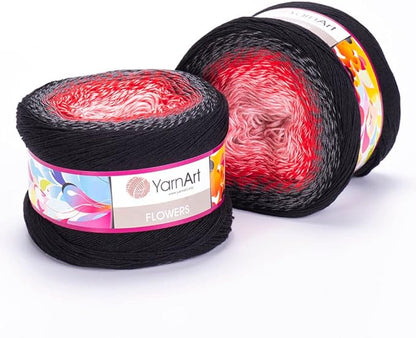 2 Skein/Pack Yarnart Flowers Gradient Yarn, Each Ball 8.8 Oz (250gr) / 1094 Yards (1000m), 55% Cotton 45% Acrylic, Superfine Fingering Weight for Knitting and Crochet, 282 - Black Red Pink