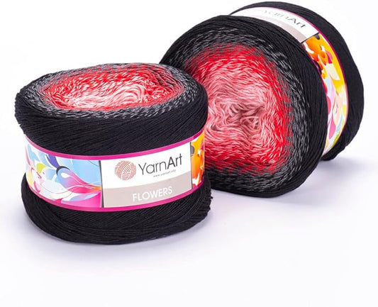 2 Skein/Pack Yarnart Flowers Gradient Yarn, Each Ball 8.8 Oz (250gr) / 1094 Yards (1000m), 55% Cotton 45% Acrylic, Superfine Fingering Weight for Knitting and Crochet, 282 - Black Red Pink