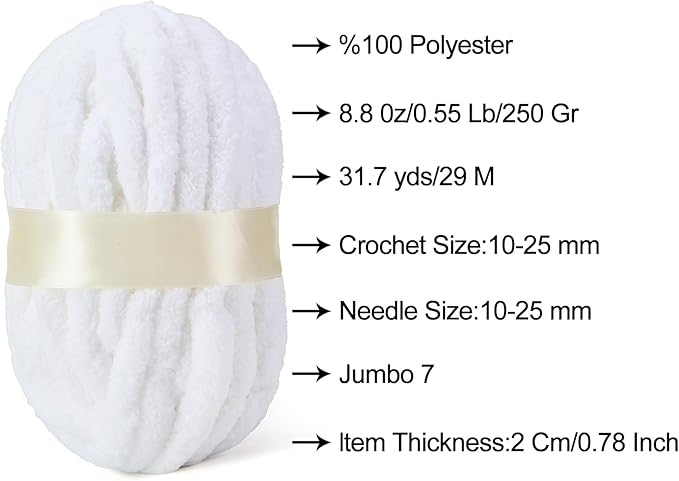 ERLYEEN Chenille Chunky Yarn Super Bulky Soft Thick Fluffy Jumbo Giant Washable Polyester Big Yarn DIY for Arm Knit Blanket Cushion Bed Sofa Home Decor,White,0.55LB