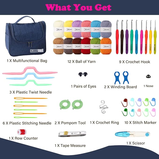 Yarniss Crochet Kits for Beginners,All in One Crochet Kits with 840 Yards Crochet Yarn,Ergonomic Crochet Hooks Set with Yarn for Adults