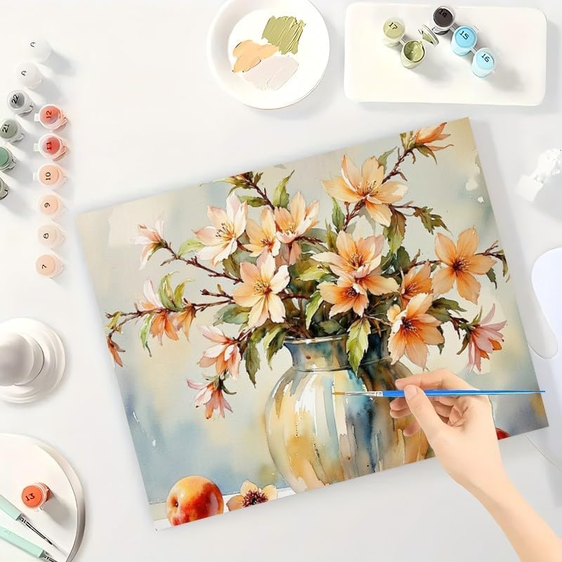 Peach Blossom Vase Paint by Numbers Kit for Adults - DIY Orange Flowers in Ceramic Pot Painting on Canvas 16x20 Inches, Acrylic Paint Set,Suitable for Beginners,Art for Home Decoration/Gifts - Image 3