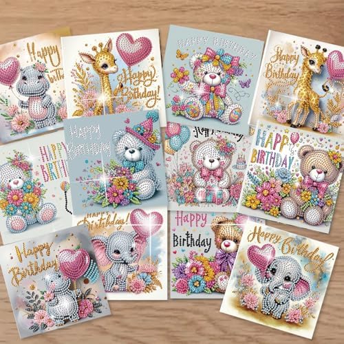 Diamond Art Painting Birthday Cards 12 Pack Cute Animal DIY Craft - Image 6