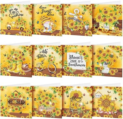 Saillong 12 Pack Sunflower Diamond Painting Greeting Card Kits DIY Diamond Art Cards with Envelopes Summer Flowers Gnome 5D Rhinestones Painting Card for Adults DIY Crafts Family Friend Birthday Gifts by Saillong
