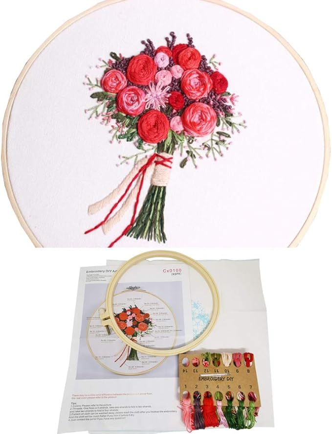 3 Sets Embroidery Starter Kit with Pattern and Instructions,Cross Stitch Beginner Kits with Frame,3 Plastic Embroidery Hoops,3 Embroidery Clothes and Color Threads (3 X Flower Pattern)