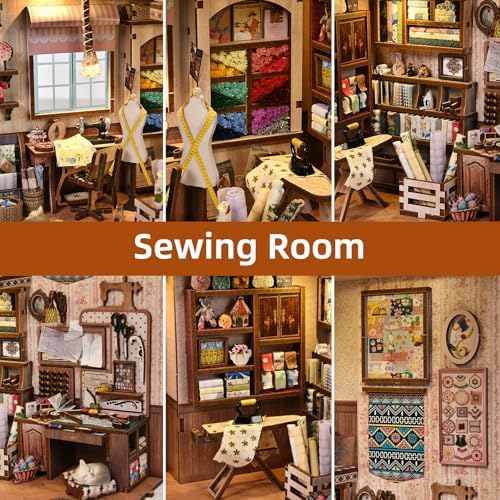fifijoy Book Nook Kit, LED 3D Wooden Puzzle with Dust Cover, 460 Wooden Pieces, DIY Bookshelf Insert Decor Gifts for Book Lovers (Sewing Room) - Image 5