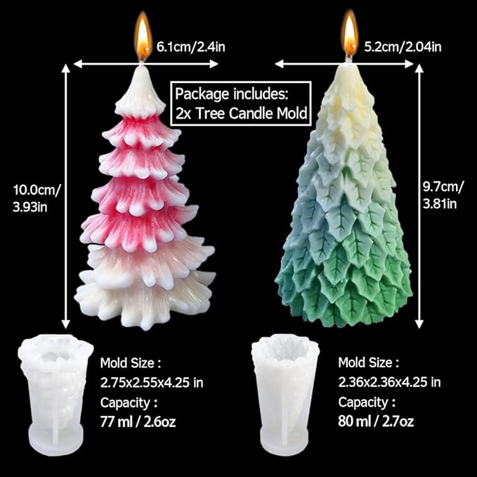 Candle Molds for Candle Making, 2PCS Christmas Tree 3D Silicone Candle Resin Mold, Mould for DIY Aromatherapy Wax Candle Soap Concrete Clay Craft Cake Home Party Decor