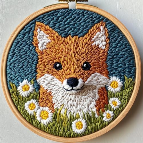 Punch Needle Kit for Beginners, Punch Stitching Kit for Adults, Needle Punch Kits for Adults, Little Fox and Daisy Bushes DIY Embroidery Set for Art Crafts and Decorations by Unknown