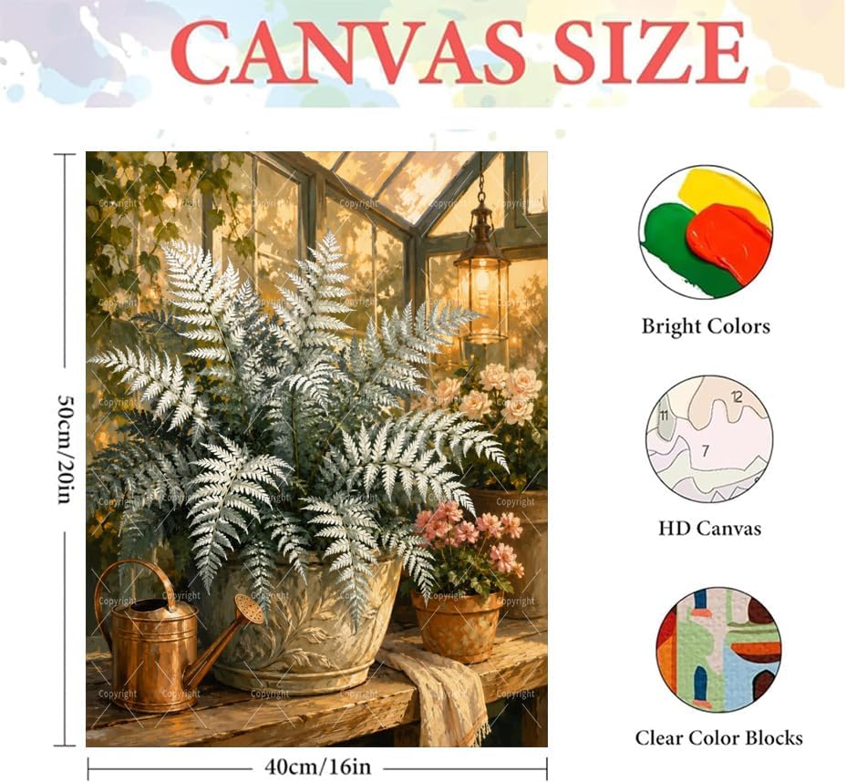 Botanical Paint By Numbers Kit For Adults - Diy Sunlit Greenhouse Ferns Painting On Canvas 16X20 In, Acrylic Paint Set, Suitable For Beginners, Wall Decor Art For Home Decoration Or Gifts, Unframed - Image 2