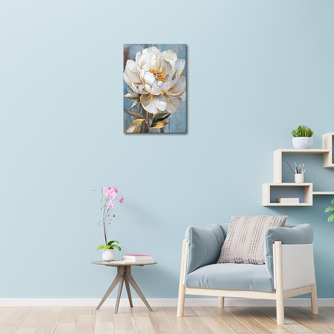 WENGTIAO Rustic White Flower Canvas Wall Art Blue Blooming Peony Floral with Gold Edges Print Pictures Posters Modern Framed Artwork for Bedroom Living Room Bathroom Office Kitchen 12x16in
