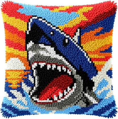 veirousa Shark Latch Hook Kits for Adults, Beginners DIY Hooked Throw Pillow Kit Pre-Printed Pillowcase Hook and Latch Rug Kits Cross-Stitch Cushion Cover for Home Sofa Decoration 17x17 inch by VEIROUSA