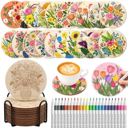 Wooden Drink Coasters Kits for Adults, 65 Pcs Paint Your Own Set with 24 Markers, 20 Coasters, 20 Cork Mats, 1 Holder(Flower) by Unknown