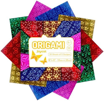 JoyCat Iridescent Laser Origami Paper, 50 Holographic Sheets, 6x6 Inch by JOYCAT