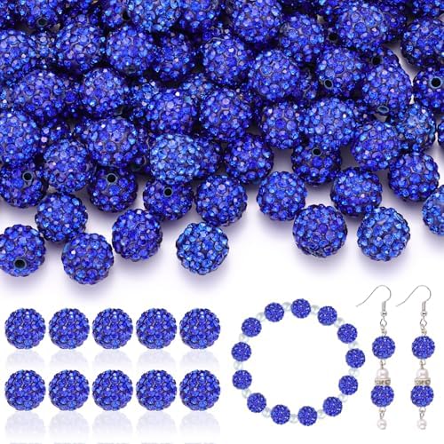 105pcs 10mm Rhinestone Beads for Jewelry Making, Dark Blue Shiny Round Disco Ball Beads Bulk, Sparkle Crystal Clay Christmas for Bracelet Baseball Necklace Earring Crafting and DIY by TINKRSTUFF