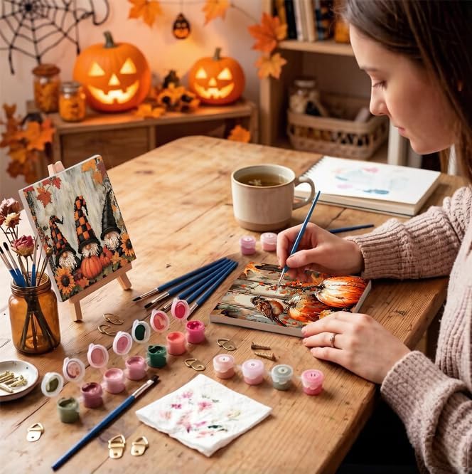 LWZAYS 6 Pack Fall Paint by Numbers Kit for Adults with Frame, Easy Autumn Paint by Number for Adults Beginner with Wooden Easel, DIY Painting by Numbers Canvas Framed for Home Decor 8 x 8 Inch - Image 3