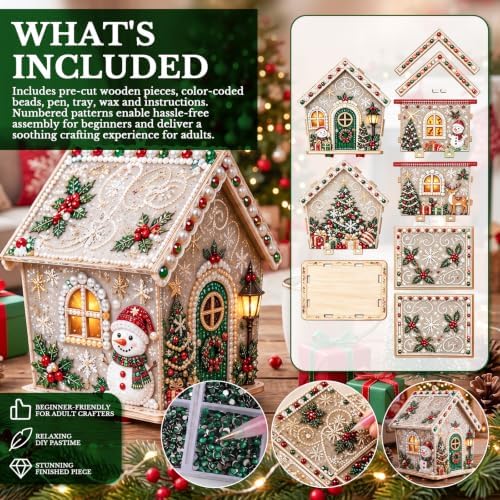 3D Wooden Christmas House Diamond Painting Kit with Pearl Accents- Stocking - Image 4