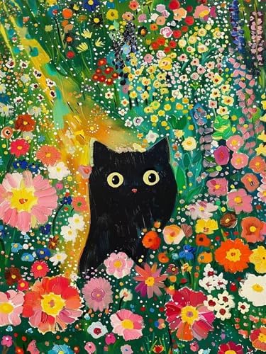 Flowers and Black Cat Paint by Numbers for Adults Beginner 16X20 inch by Mosaflare
