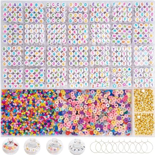 Acrylic Letter Beads Kit for Jewelry Making, 31-Grid Organizer with 4x7mm Colorful Alphabet Beads (1.5mm Hole), Includes Clay Heishi, Seed Beads, CCB Spacers(White&Colorful) by Unknown