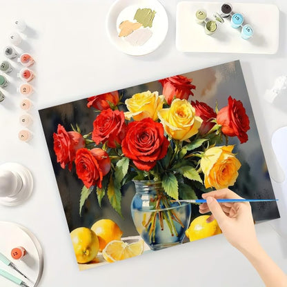Still Life Paint by Numbers Kit for Adults - DIY Red and Yellow Roses with Lemons Painting on Canvas, Acrylic Paint Set, Suitable for Beginners, Art for Home Decor or Gifts(16X20IN Framed) - Image 3