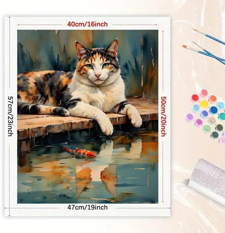 TAOPAOLAB Cute Calico Cat Paint by Numbers Kit for Adults - DIY Relaxed Calico Cat by Water with Koi Fish Painting on Canvas 16x20 Inch, Acrylic Paint Set for Beginners, Art for Home Decoration/Gifts - Image 2