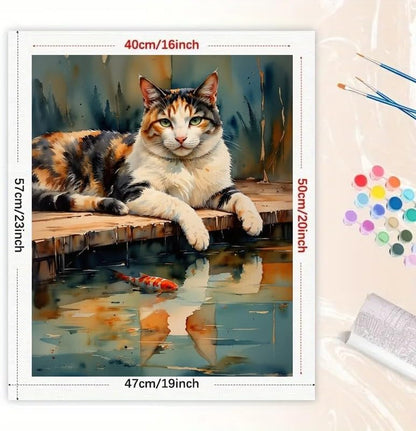 TAOPAOLAB Cute Calico Cat Paint by Numbers Kit for Adults - DIY Relaxed Calico Cat by Water with Koi Fish Painting on Canvas 16x20 Inch, Acrylic Paint Set for Beginners, Art for Home Decoration/Gifts - Image 2