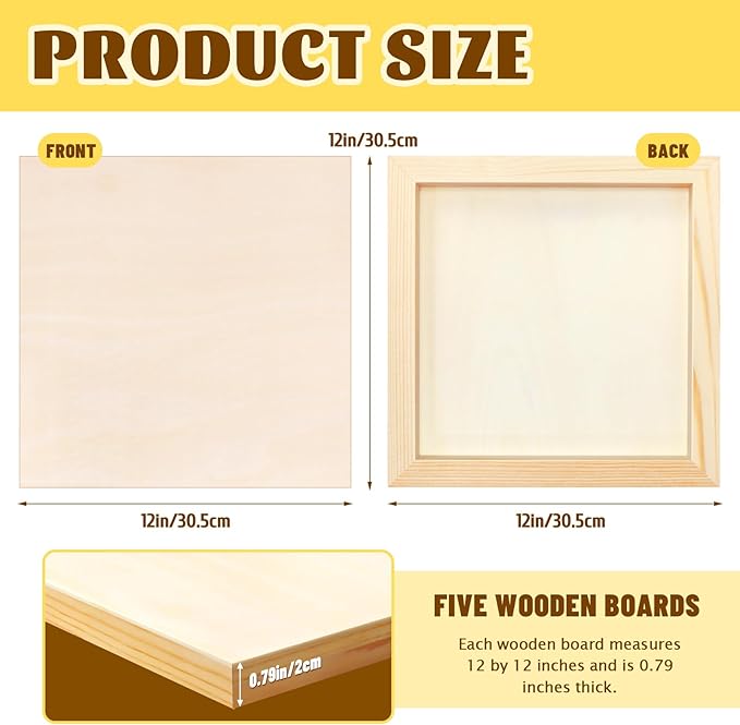 FSWCCK 5 Pack 12 x 12 inch Wood Panel Boards, Unfinished Wood Canvas Wooden for Crafts, Painting Canvas, DIY Art Projects, Pouring, Arts Use with Oils, Acrylics