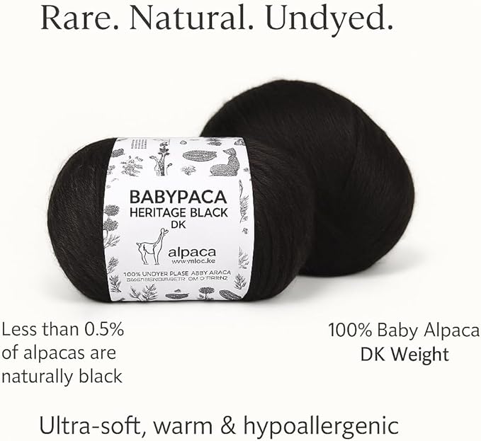 Black Heritage - 100% Baby Alpaca Yarn Wool Set of 2 Skeins (100 Grams) DK Weight Made in Peru Natural Undyed Color Heavenly Soft Perfect for Knitting and Crocheting (Black Alpaca 2 Skeins DK)