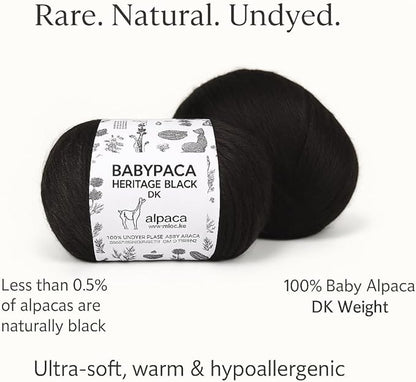Black Heritage - 100% Baby Alpaca Yarn Wool Set of 2 Skeins (100 Grams) DK Weight Made in Peru Natural Undyed Color Heavenly Soft Perfect for Knitting and Crocheting (Black Alpaca 2 Skeins DK)