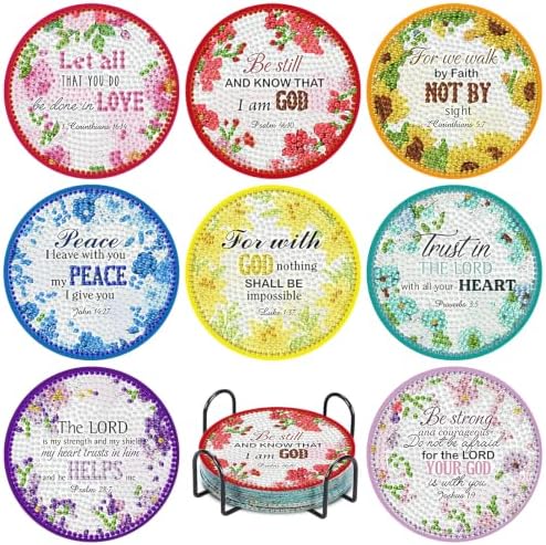 8 Pcs Christian Diamond Art Coasters Kit, Bible Diamond Painting Coasters with Holder, 5D Gem Art Coaster, DIY Crafts Diamond Dots for Gift Home Decor by hkejoi