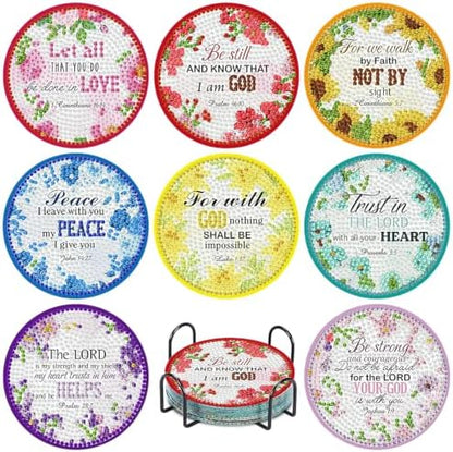 8 Pcs Christian Diamond Art Coasters Kit, Bible Diamond Painting Coasters with Holder, 5D Gem Art Coaster, DIY Crafts Diamond Dots for Gift Home Decor by hkejoi