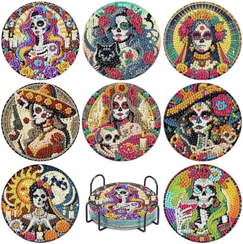 hkejoi Skull Diamond Art Coasters Kit for Adults, 8 Pcs Skull Diamond Painting Coasters with Holder, 5D Gem Art, DIY Crafts Diamond Dots for Gift Home Decor by hkejoi