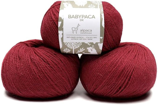 100% Baby Alpaca Yarn Wool Set of 3 Skeins (150 Grams) DK Weight - Made in Peru - Heavenly Soft and Perfect for Knitting and Crocheting (Red, DK)