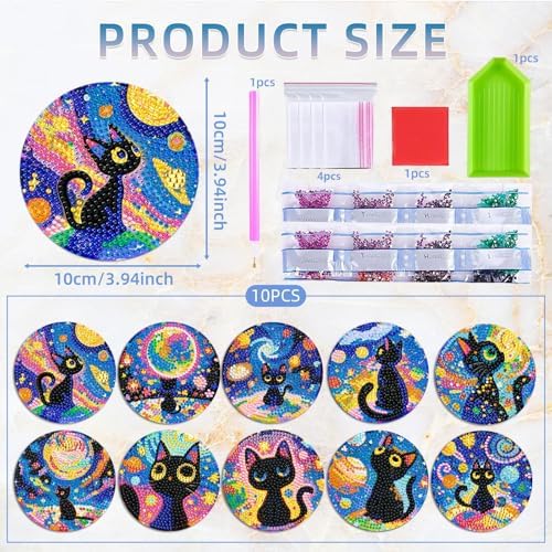 10 PCS Black Cat Diamond Art Coasters Kit with Holder for Adults - Image 2