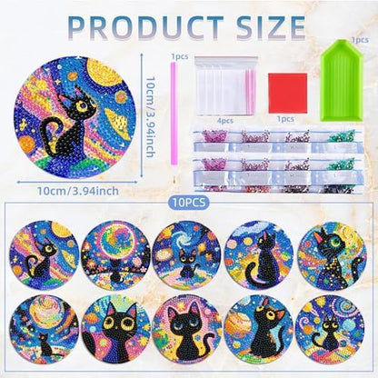 10 PCS Black Cat Diamond Art Coasters Kit with Holder for Adults - Image 2