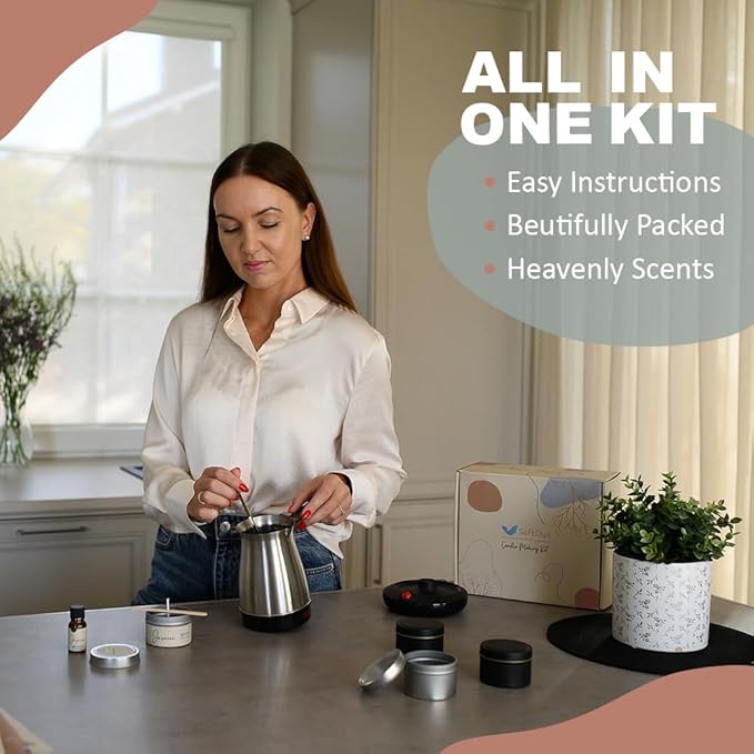SoftOwl Premium Soy Candle Making Kit with Electric Melter - Soy Wax, Big 4 Tins, 2 Pleasant Scents, Color Dyes & More - Perfect as Home Decorations - DIY Starter Scented Candles Making Kit
