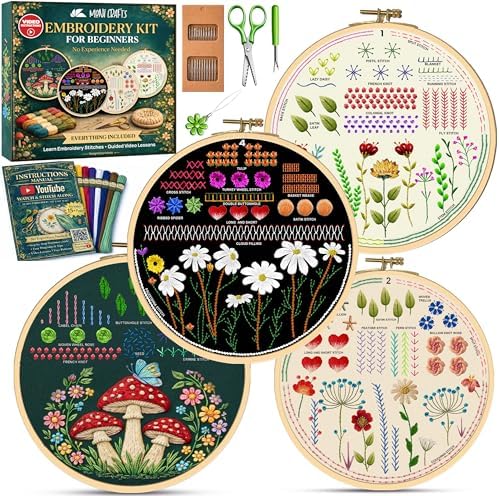 Moni Crafts - Embroidery Kit for Beginners Adults – Learn Embroidery Stitches, Complete Starter Kit with 4 Pre-Printed Patterns (Mushroom & Floral), Threads, Needles & Hoop – Video Tutorials by MoniCrafts