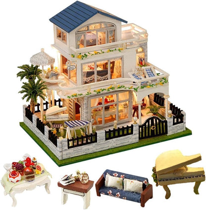 DIY Miniature House Kit with LED Light, Mini Villa House Kit,Doll House Kits for Adults to Building,Wooden Dolls House Kits to Build for Adults Birthday Gift by CHOOYIH