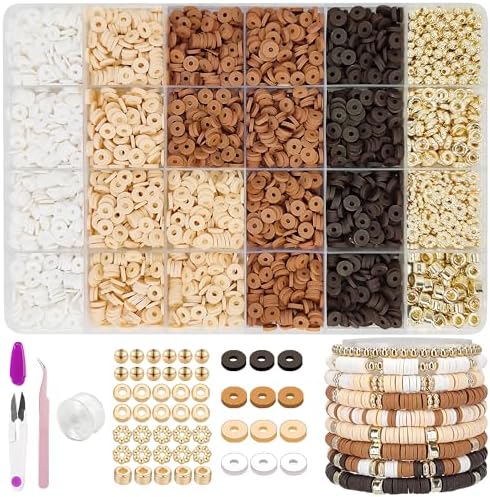MIIIM Neutral Clay Beads Kit for Bracelets Making, Heishi Beads for Friendship Bracelet, Clay Charms and Gold Spacers for Jewelry Making, Crafts, Concert, Raves, Gifts (Golden Brown Cream) by MIIIM