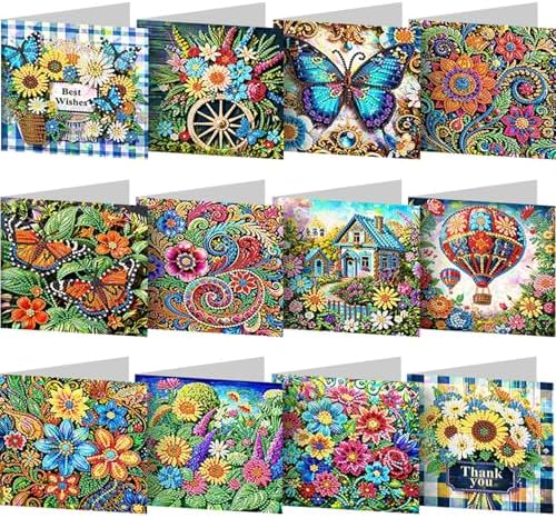 12 Pack Flower Butterfly Diamond Painting Greeting Card Kits DIY 5D Diamond Art with Envelopes & Rhinestones,Christmas Creative Birthday Gifts for Adults by Unknown