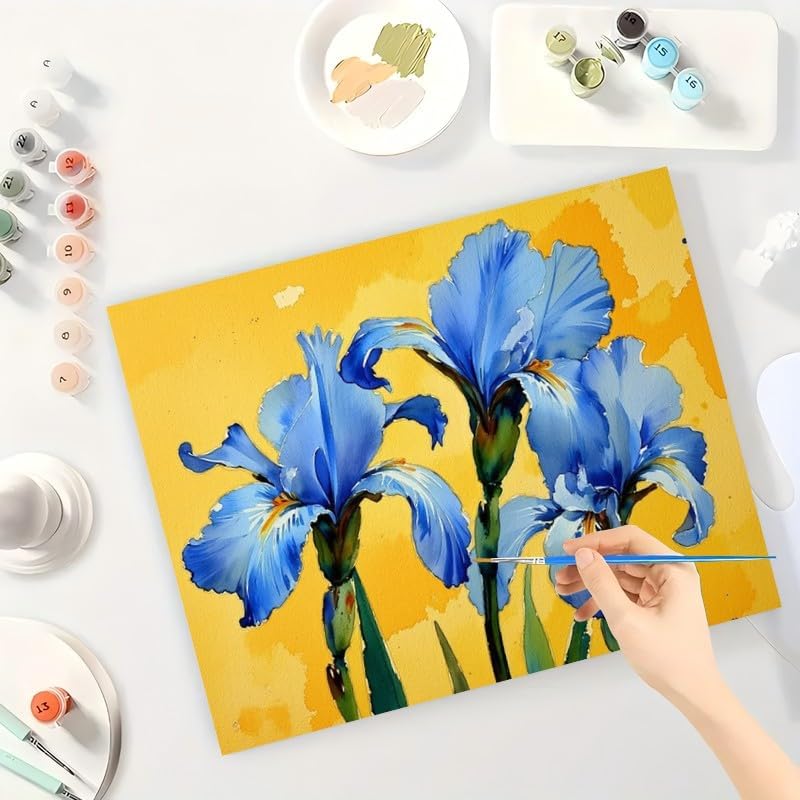 Botanical Design Paint by Numbers Kit for Adults - DIY Blue Iris Flowers on Yellow Painting on Canvas 16x20 Inches, Acrylic Paint Set, Suitable for Beginners,Art for Home Decoration or Gifts - Image 3