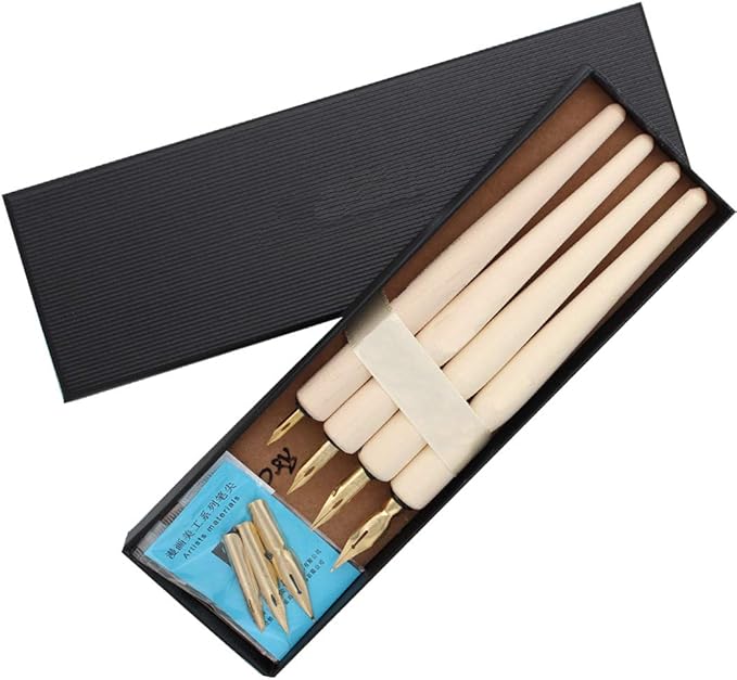 SIPLIV Wooden Professional Manga Pen Dip Pen Set with 4 Nibs Manga Cartoon Comic Drawing Painting Kit - 4 Pcs