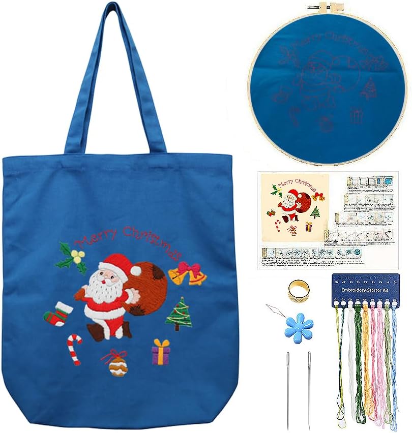 CREAWONDER Canvas Tote Bag Embroidery Kit with Pattern for Beginners, Arts and DIY Embroidery Crafts Kits for Adults, Include Instructions, Thimble, Embroidery Hoops, Color Threads and Tool by Unknown