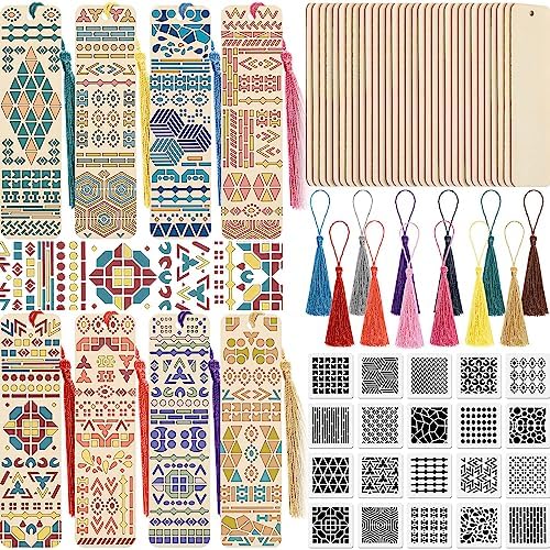 TaoBary 92 Pcs 4.8 x 1.3 Inch Geometry Wood Bookmark Making Kit Includes 36 Unfinished Blank Bookmarks 36 Tassels 20 Templates, Back to School DIY Painting Craft for Home Class Holiday Teachers Gift by TaoBary