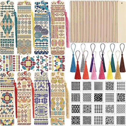 TaoBary 92 Pcs 4.8 x 1.3 Inch Geometry Wood Bookmark Making Kit Includes 36 Unfinished Blank Bookmarks 36 Tassels 20 Templates, Back to School DIY Painting Craft for Home Class Holiday Teachers Gift by TaoBary