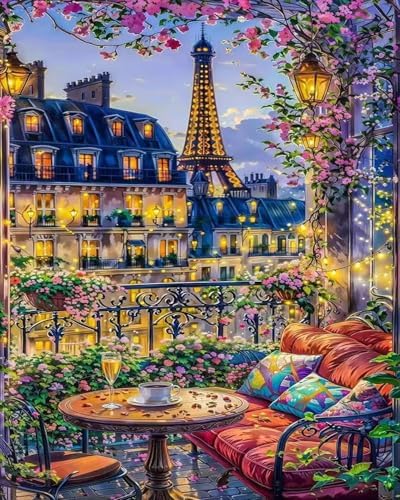 Mrnsiet Paint by Numbers Kit for Adults Beginners, City View Art Adult Paint by Numbers on Canvas, Paris Balcony Scene Acrylic Painting Crafts for Home Decor (16x20inch) by Mrnsiet