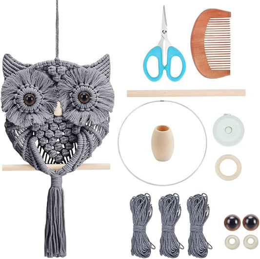 FREEBLOSS DIY Macrame Owl Kit Macrame Tapestry Wall Hanging 90m Cotton Cords Macrame Kit for Beginners with Video Tutorial Macrame Wall Art for Bedroom Decor, Gray