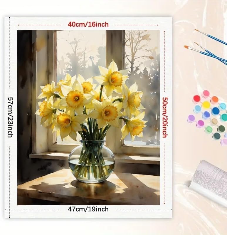 DecorFriday Still Life Paint by Numbers Kit for Adults - DIY Yellow Daffodils in Vase by Window Painting on Canvas 16x20 Inches, Acrylic Paint Set, Suitable for Beginners, Art for Home or Gift - Image 2