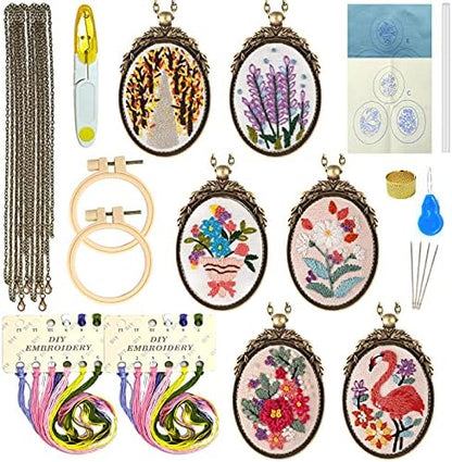 ZOCONE 6 Packs Embroidery Necklace Kit, Embroidery Pendant Kit Mini Cross Stitch Kit with 4 Hoops, Necklace, Pendant, Stamped Pattern Cloth, Instructions, etc., Embroidery Kit for Adults by ZOCONE