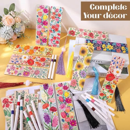 Reallnaive 42 Pcs Wooden Flower Bookmarks DIY Painting Set Includes 15 Unfinished Blank Bookmarks 15 Tassels 12 Markers for Flower Gift Arts Craft Party for Adults Hobby - Image 6