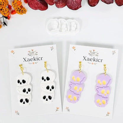 Xaekicr Halloween Skull Polymer Clay Cutters – 3-Stacked Skull Shape Clay Earring Cutters for DIY Jewelry, Polymer Clay Molds, Clay Tools – Halloween Cookie & Earring Making Supplies