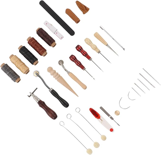Leather Sewing Kit, Leather Working Tools, Premium DIY Leather Craft Set with Wax Threads Needle Finger Cots Sanding Stick, Stainless Steel Leather Tools for Beginners Professional